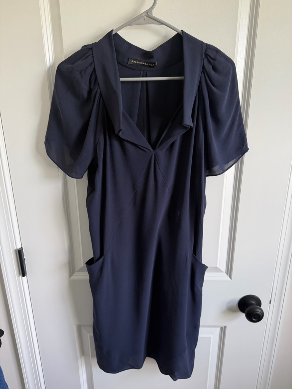 Balenciaga Navy Short-Sleeve Shift Dress Silk